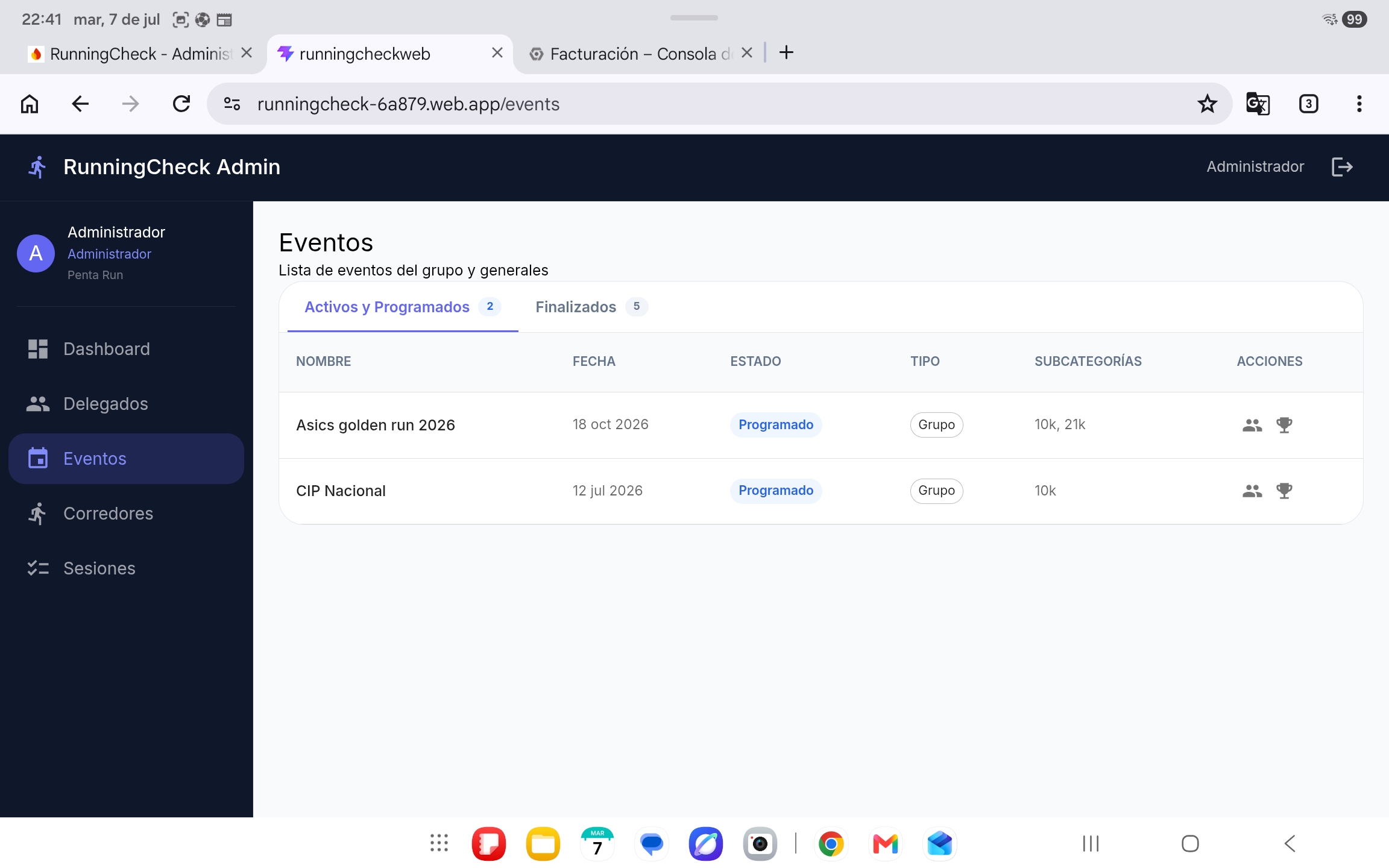 Eventos activos, programados y finalizados en el panel web