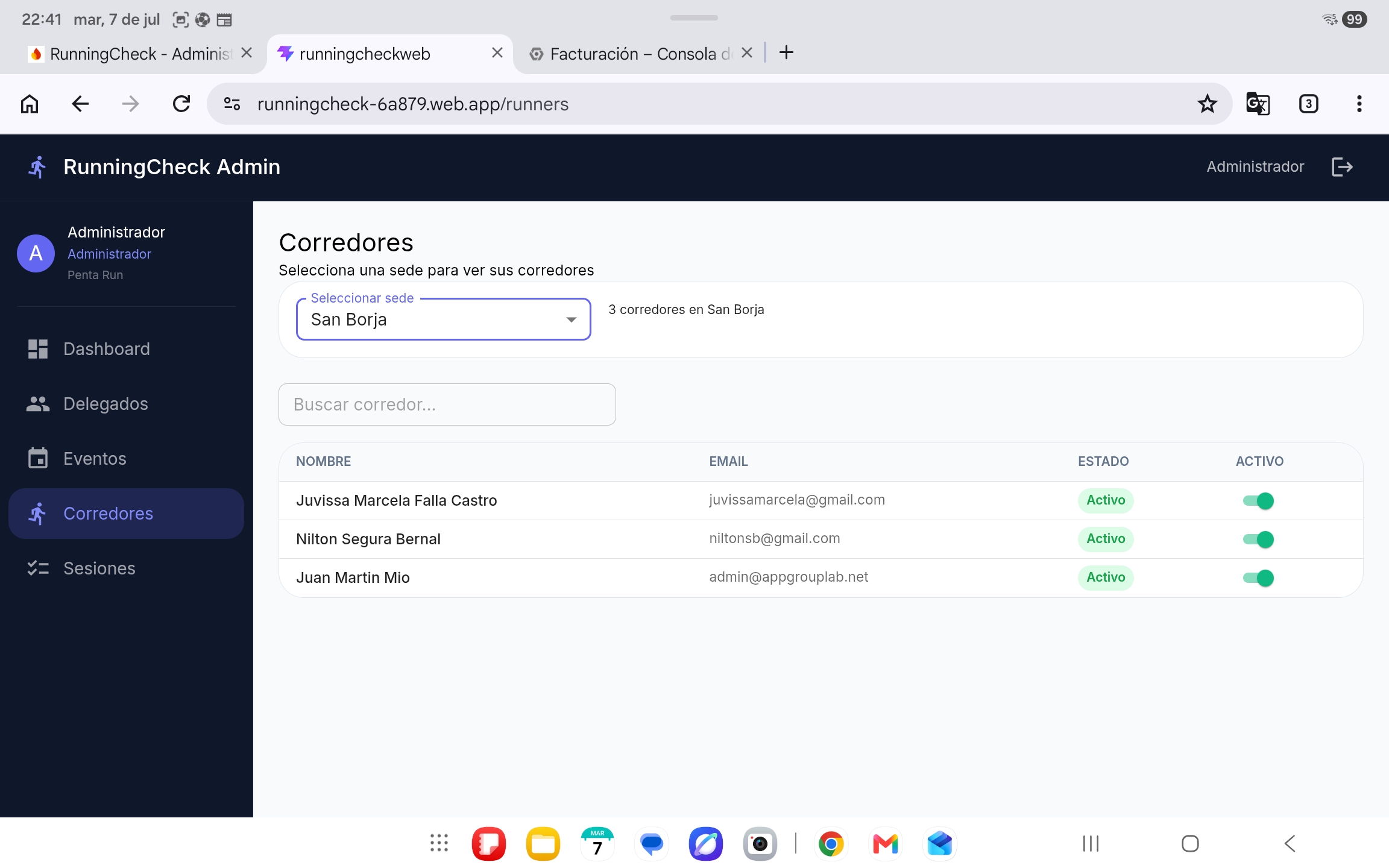 Gestión de corredores por sede en el panel web