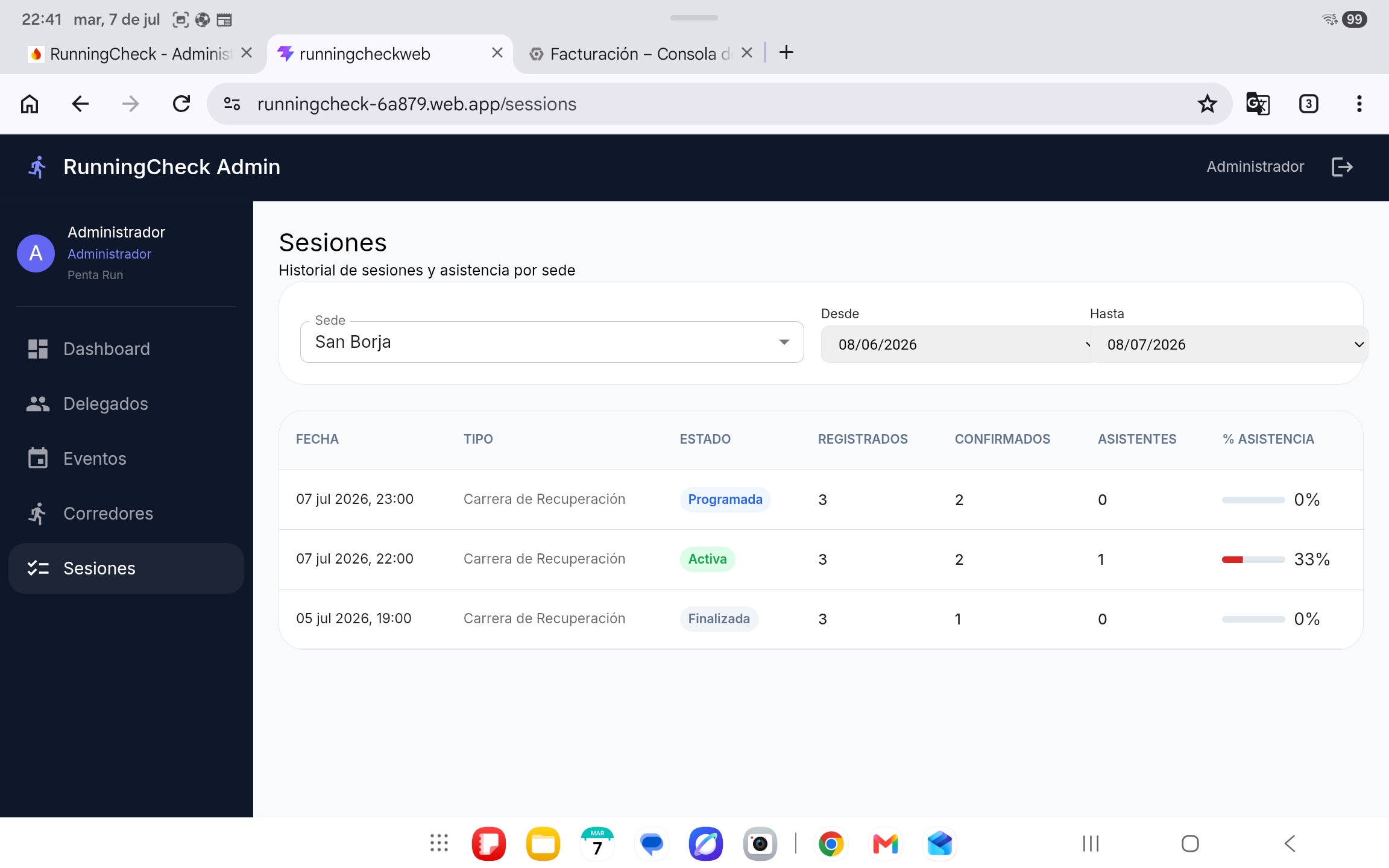 Historial de sesiones por sede en el panel web