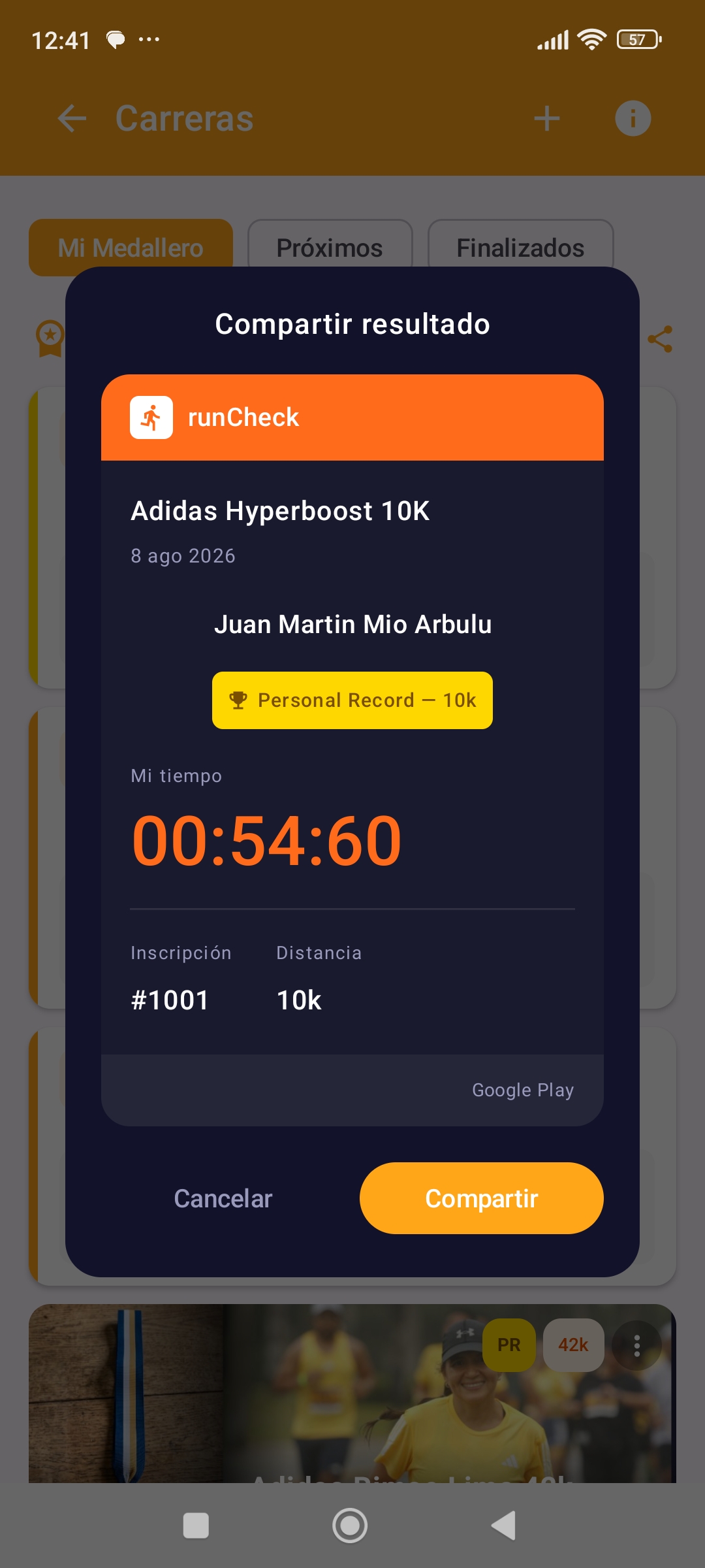 Compartir el resultado de una carrera