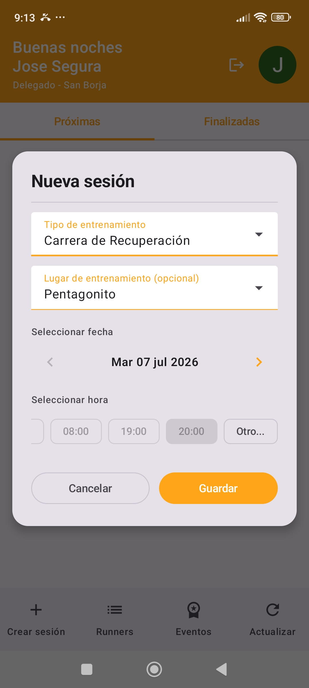 Crear nueva sesión de entrenamiento