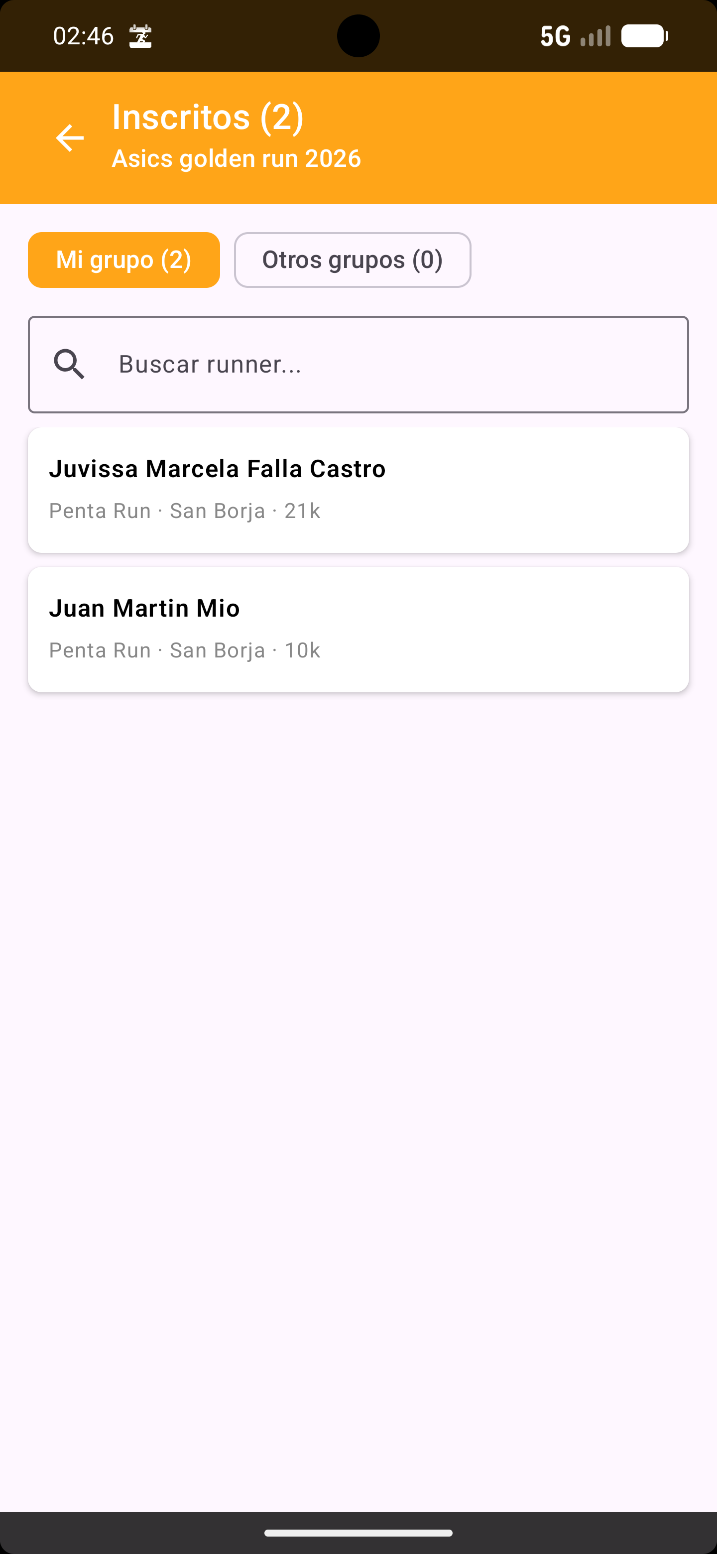 Lista de runners inscritos a un evento