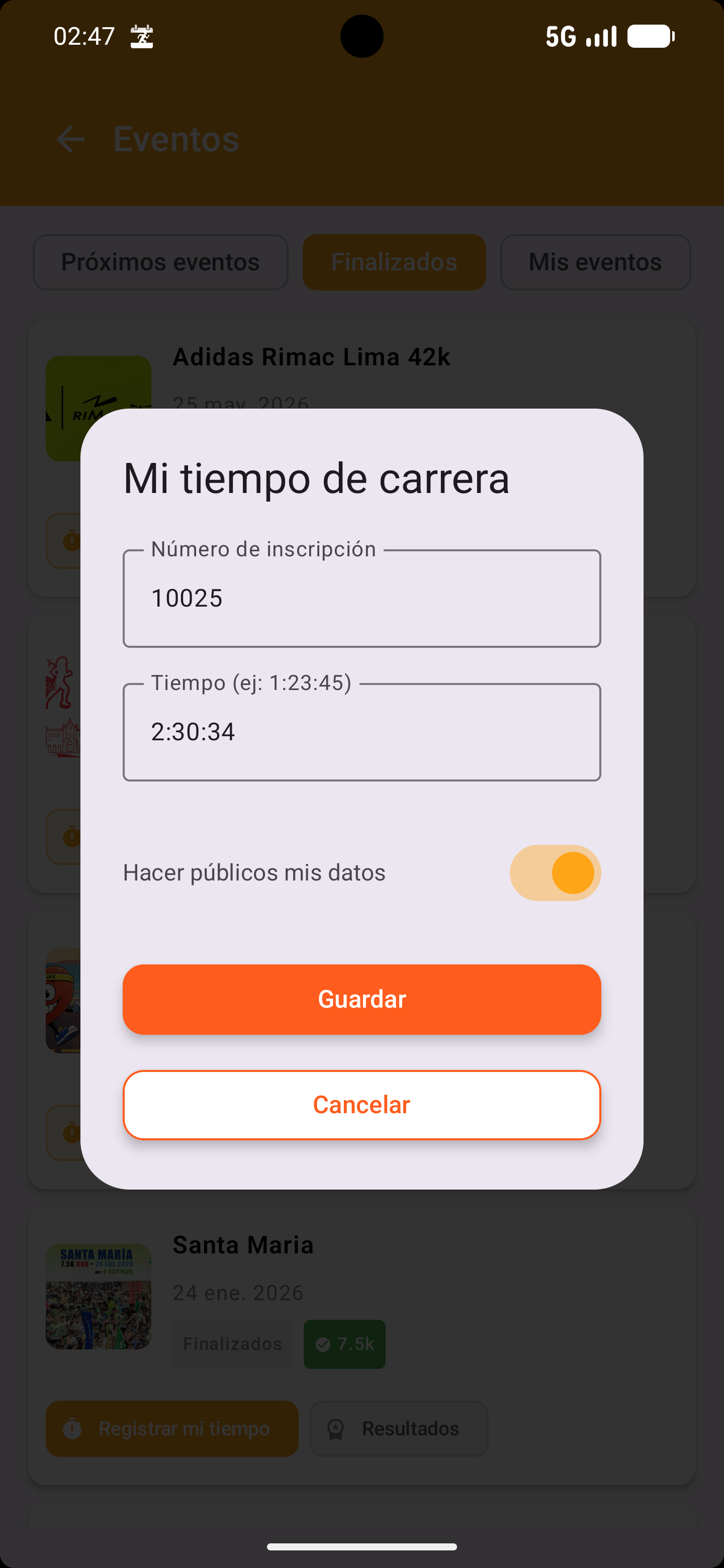 Registrar tiempo de carrera