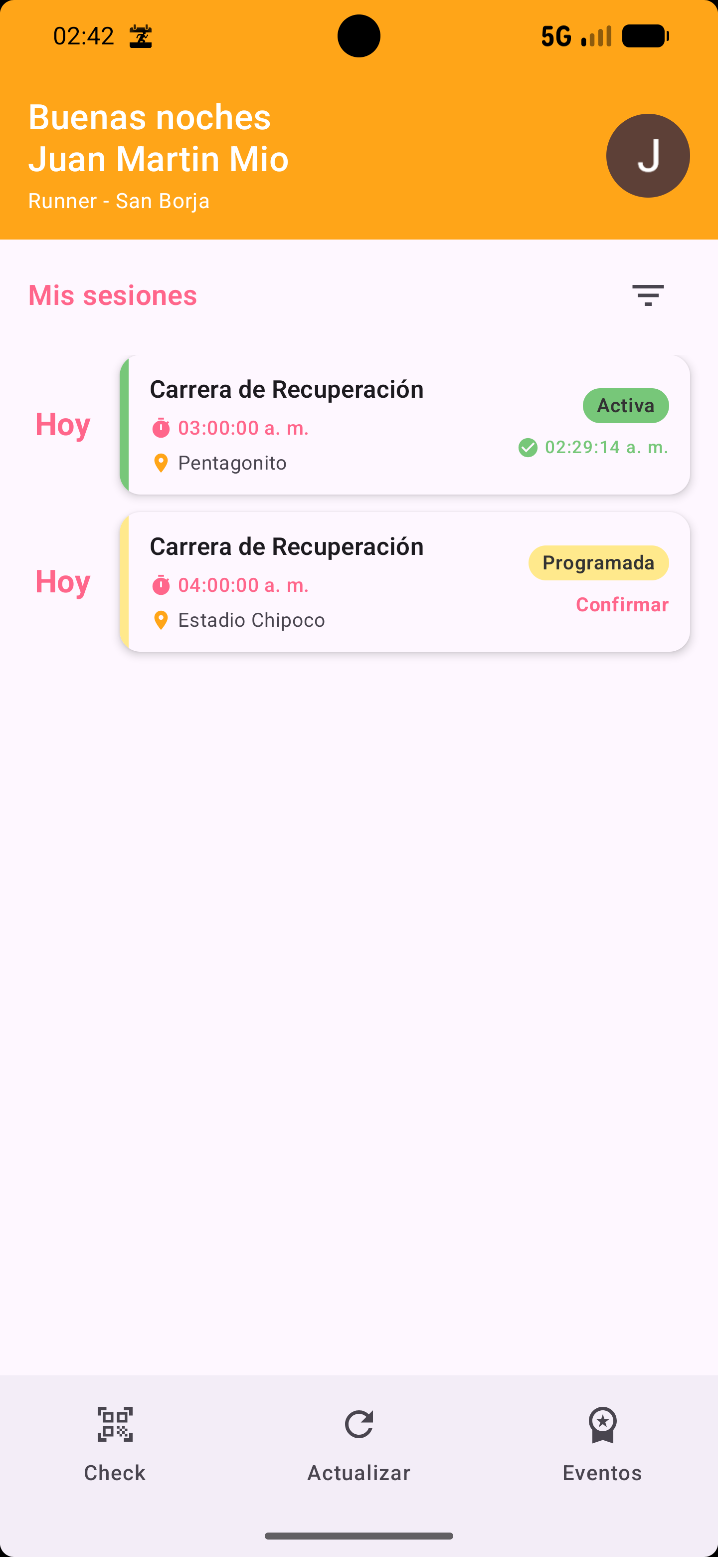 Bandeja de sesiones del runner